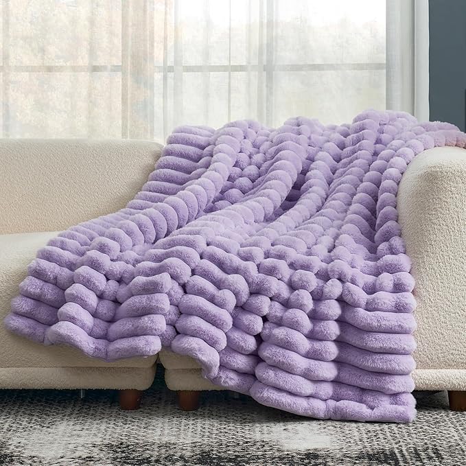 Cozy Bliss Faux Fur Throw Blanket for Couch, Cozy Warm Plush Striped Blanket for Sofa Bedroom Living Room, 50 * 60 Inches Lavender Purple