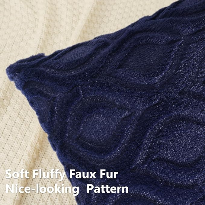 decorUhome Fall Throw Pillow Covers 24x24 Inch Set of 2, Soft Plush Decorative Faux Fur Navy Blue Solid Couch Pillow Covers, Accent Farmhouse Neutral Square Euro Pillow Cases for Sofa Bed Living Room