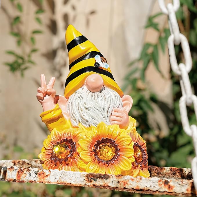 Garden Sculptures & Statues Resin Summer Bee Gnome with Sunflower, Outdoor Funny Decoration Solar Light Figurine Gifts for Yard, Patio Decor for Mom