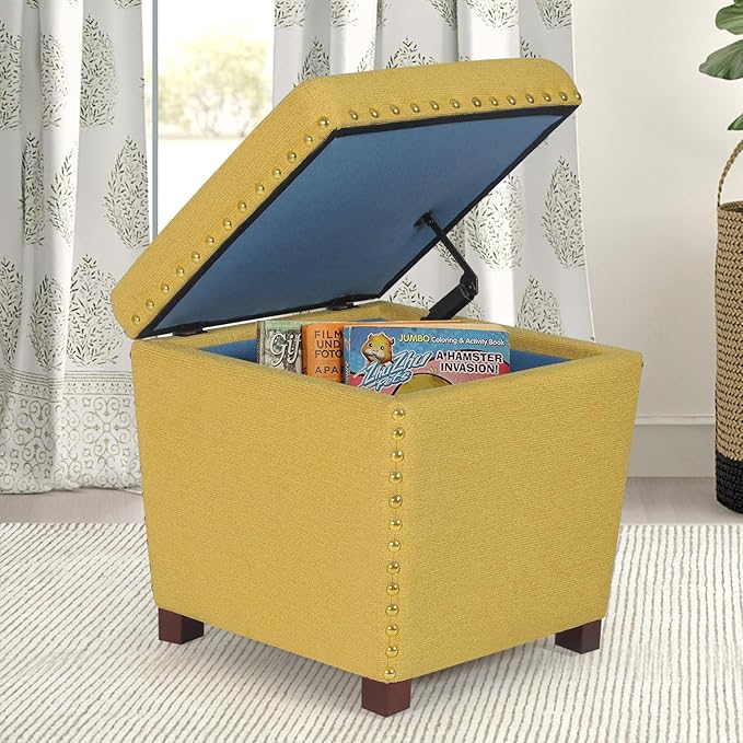 Adeco Square Storage Ottoman with Hinged Lid, Modern Accent Bench Footrest Stool, Coffee Table for Living Room Bedroom,Yellow Large