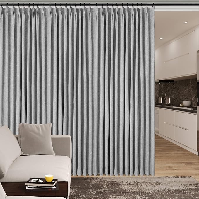 Extra Wide 100% Blackout Linen Textured Curtains - Room Dividers, W200 x L84 (1 Panel), Pinch Pleat Drapes for Living Room, Full Light Block Out Drapery for Sliding Door, Light Grey