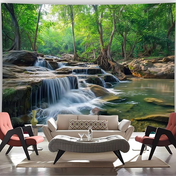 BSFHH Nature Tapestry Forest Tree Sea Cave Wall Hanging, Stream Through Rainforest Landscape Wall Art Tapestry for Bedroom Living room (Creek, 90"×70", Unframed)