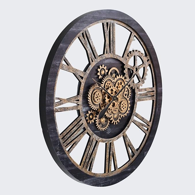 The Gears Clock 36'' Inch Real Moving Gear Wall Clock Vintage Industrial Oversized Rustic Farmhouse (Vintage Black Wood and Bronze)