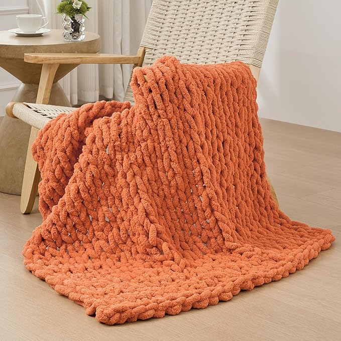 Bigacogo Chunky Knit Throw Blanket for Couch, 40x40 inches, 100% Hand Knitted with Thick Jumbo Chenille Yarn, Cozy Soft Large Rope Knot Cable Crochet Blankets for Sofa Bed Living Room, Terracotta