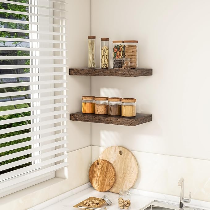 RICHFOCUS 16Inch Floating Shelves for Wall 2 Pack Shelves for Bedroom|Kitchen|Bathroom Wall Mounted Rustic Wood Floating Shelf with Invisible Brackets for Books|Storage|Decor, Rustic Brown