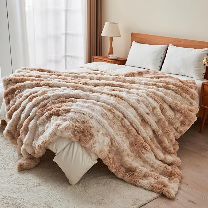 RYNGHIPY Faux Rabbit Fur Bed Throws Fluffy Warm Throw Blanket for Sofa Couch Soft Plush Decorative Blanket Thick and Heavy Cute Bubble Furry Blanket (Light Tan, 63''x79'')