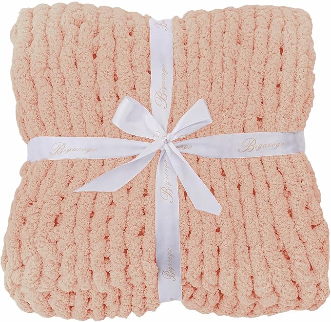 Bigacogo Chunky Knit Throw Blanket for Couch, 40x60 inches, 100% Hand Knitted with Thick Jumbo Chenille Yarn, Cozy Soft Large Rope Knot Cable Crochet Blankets for Sofa Bed Living Room, Peach Fuzz