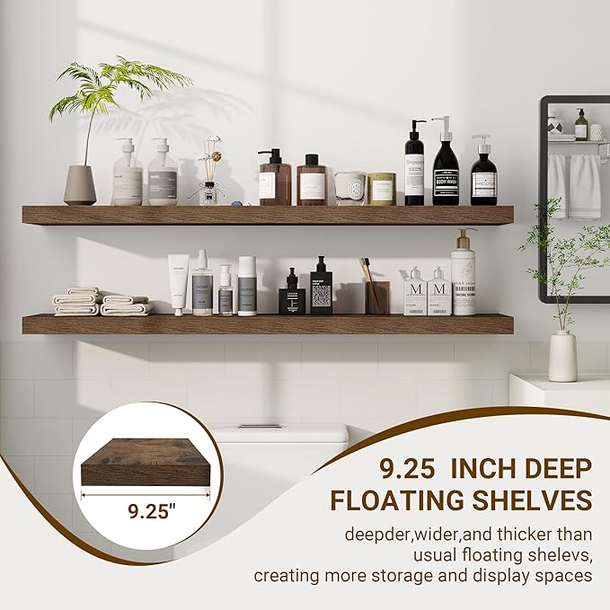 48 Inch Floating Shelves, 48"x9.25"x1.5" Inch Deep Floating Shelves for Wall, Wooden Shelves for Bathroom, Bedroom, Living Room, Brown