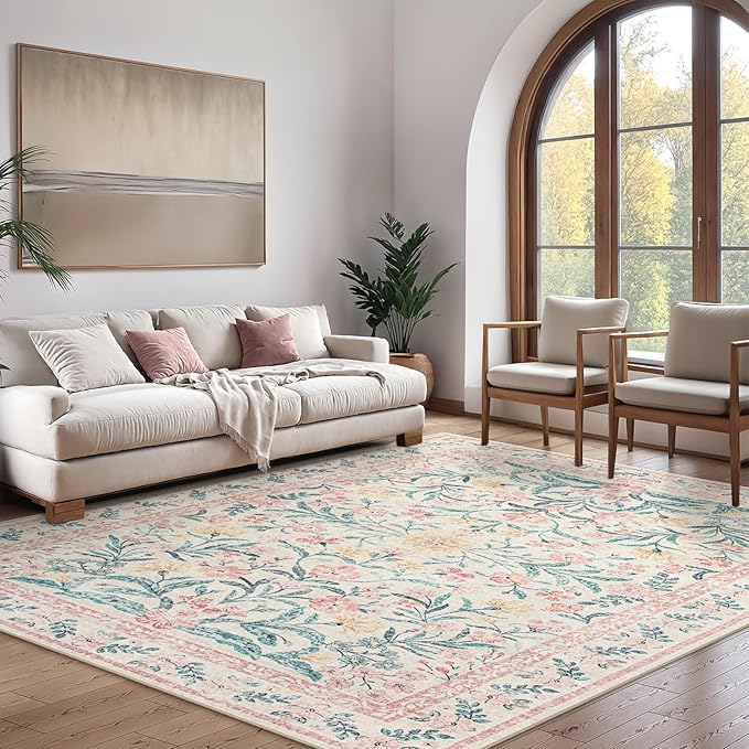 Wonnitar Floral Large Rugs for Living Room, Soft Light Pink Rug Washable 9x12 Carpet Non Slip, Boho Foldable Non-Shedding Kids Carpet for Bedroom Girls Nursery Dorm Playroom