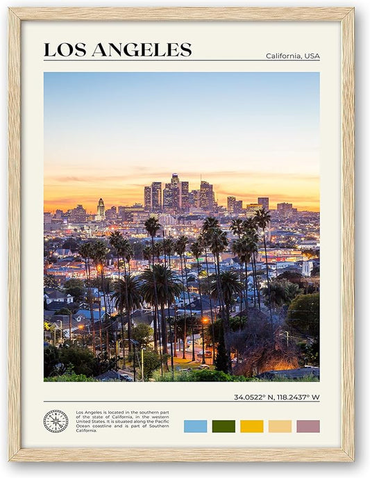 HesenDot Natural OAK Wood Los Angeles Cityscape Framed Wall Art,12x16in City Skyline Canvas Wall Print,Modern Urban Landmark Wall Decor for Living Room,Bedroom,Office Gallery Gifts Set of 1