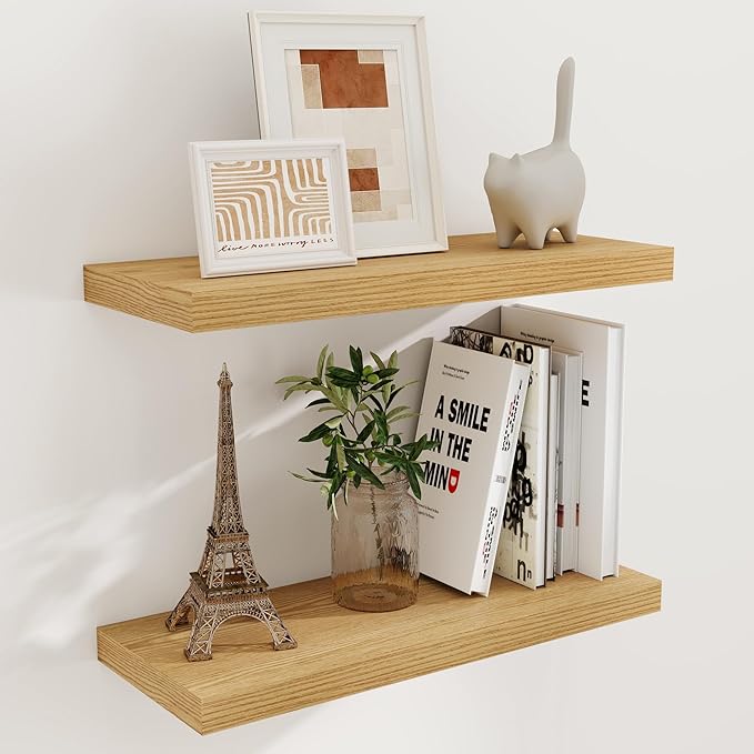 24 x 9 Floating Shelves, 9 Inch Deep Floating Shelf Wall Mounted, 24 Inch Bathroom Shelves Set of 2, Rustic Wood Wall Shelf for Bedroom, Living Room, Oak Color