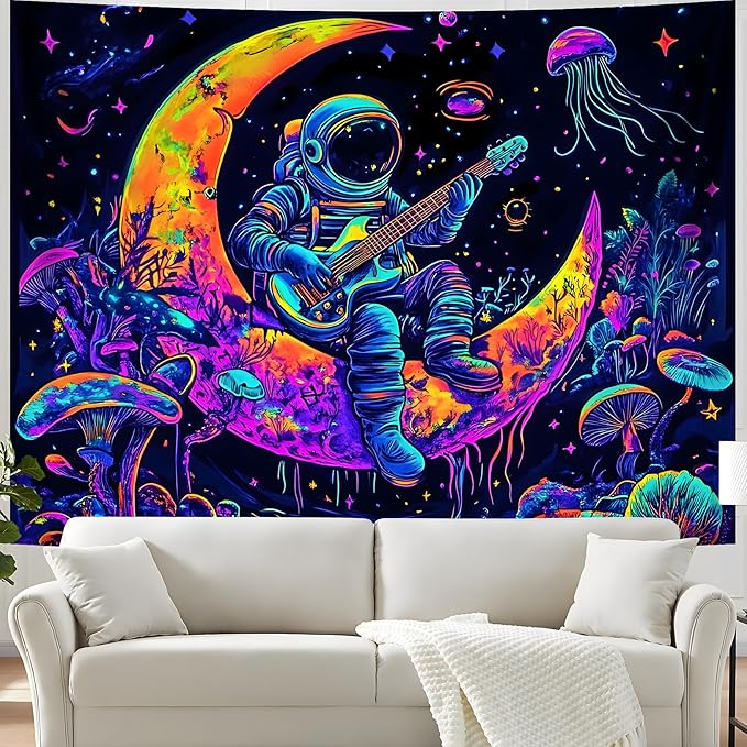 BVBOX Astronaut Space Blacklight Tapestry 79"x59", UV Reactive Astronaut Guitar Moon Universe Galaxy Planet Glow in Dark Music Tapestries, Black Light Neon Upright Poster Wall Hanging Backdrop Decor for Bedroom Living Room