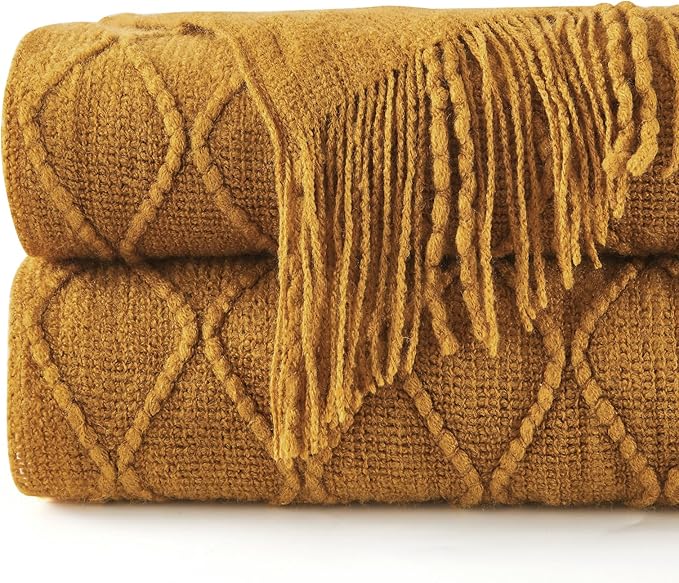 inhand Knitted Fall Throw Blanket for Couch and Bed, Knit Fall Decor Halloween Blanket with Tassel, Brown Lightweight Decorative Farmhouse Warm Woven Blankets and Throws for Women, 60"x80"
