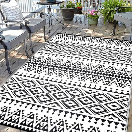 Waterproof Outdoor Rug 6x9ft, Bohemia Reversible Plastic Straw Mat for Patio RV Deck Porch Backyard Balcony Camping Picnic Beach Indoor Outdoor Carpet, Black&White