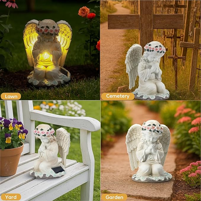 Solar Angel Prayer Statue, Memory Guardian Garden Decor with Warm Light - Religious Outdoor Decor, Auto On/Off LED Light, Memorial Gift for Cemetery, Patio & Gravesite