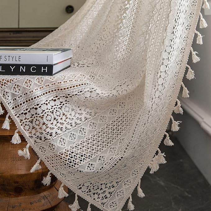 Sutuo Home Boho Sheer Curtain 108 Inches Long, Crochet Lace with Bohemian Hollow Knitted Handmade Tassels,Vintage Farmhouse Window Treatment for Bedroom, Rod Pocket, 1 Panel 59" W x 108" L, Beige