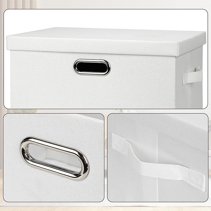 Large 17" 36 Quart Collapsible Stackable Storage Bins with Lids, 1 Pack White Foldable Fabric Closet Storage Boxes with Lids, 4 Handles Heavy-duty Linen Cube Baskets for Bedroom