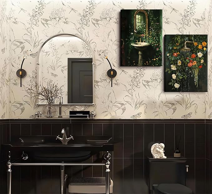 3Pcs Framed Vintage Dark Green Bathroom Wall Art Shower Toilet Paper Roll Floral Poster Print Modern Farmhouse plants Painting Picture Wall Decor For Bathroom Living Room Decoration