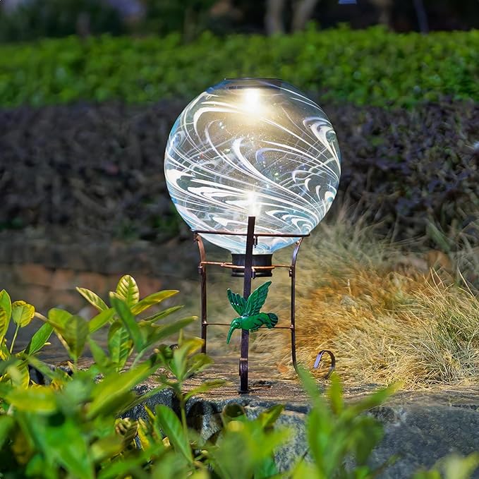 10 Inch Solar Glass Gazing Ball, with 9.4" Tall Metal Gazing Globe Stand, Solar Ball Lights Display Holder Set for Outdoor Garden Lawn Yard Decoration, Blue Water Ripple
