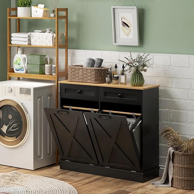 HOMCOM Tilt Out Laundry Hamper Cabinet with 2 Removable Baskets, Freestanding Bathroom Storage Cabinet with 2 Drawers, Trash Can Cabinet for Living Room, Laundry Room, Black