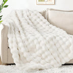 Touchat Luxury 1000GSM Rabbit Faux Fur Twin Blanket, Super Heavy Warm Cozy Beige Cream Blankets for Couch Bed Sofa, Ruched Plush Fuzzy Elegant Soft Reversible Mink Blanket for Living Room Bedroom