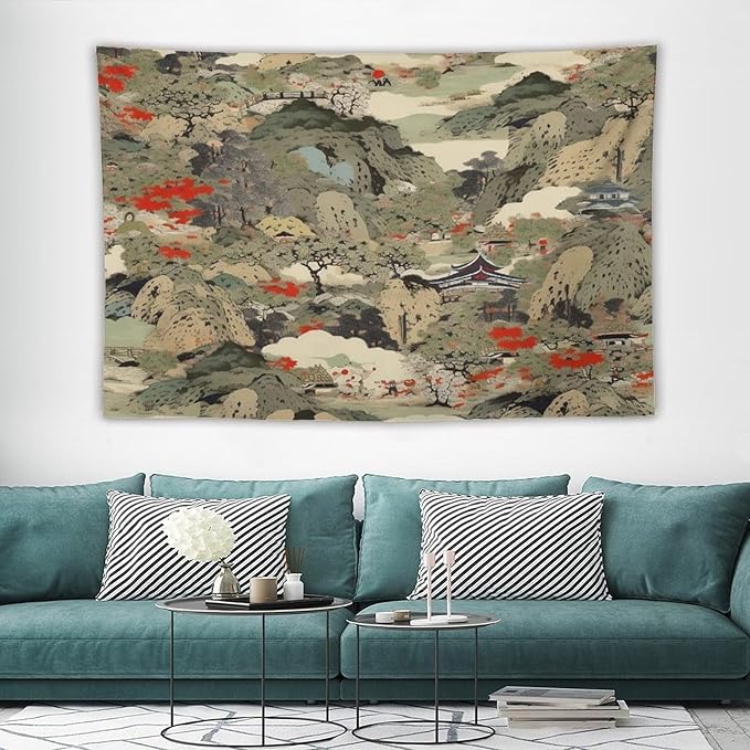 Asian Tapestry,Japanese Red Landscape Asian Watercolor Abstract Art Tapestry, Asian Japanese Wall Tapestry, Nature Landscape Tapestries for Bedroom Living Room Decor 60"x40"