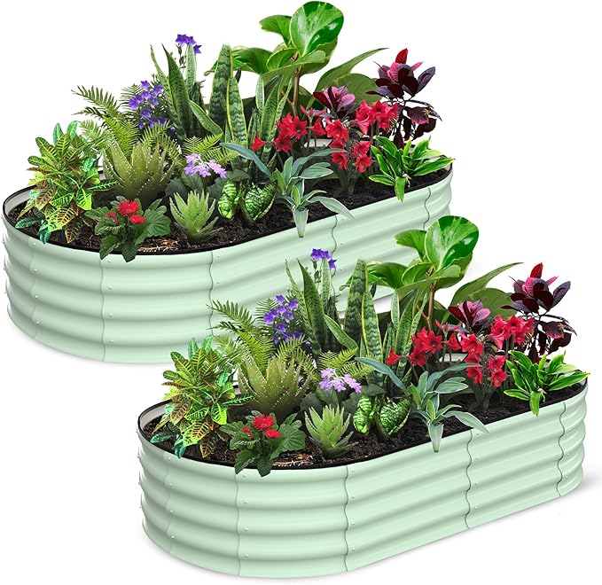 2 Pcs 6x3x1ft Oval Raised Garden Bed, Galvanized Raised Beds,Open-Ended Base Metal Raised Planter Beds,Garden Bed Outdoor,Planter Raised Boxes for Vegetables, Flowers,Tool-Free Asse,Green