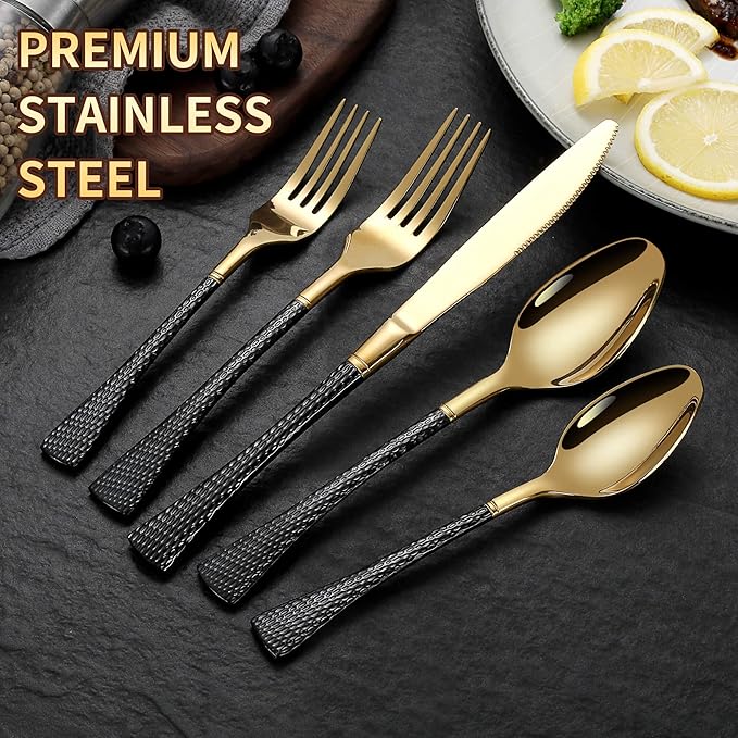 Hammered Black Gold Silverware Set for 8,Stainless Steel 40-Piece Modern Cutlery Set,Mirror Polished Heavy Duty Flatware Set Utensil Set,Knives Spoons and Forks Set,Dishwasher Safe
