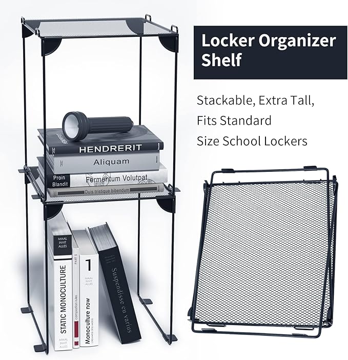 Neudeco Pack 2, Mesh Locker Shelf, Stackable Extra Tall Locker Organizer, Collapsible and Metal Build, Fits Standard Size School Locker, Suitable for Work, Kitchen, Bathroom (Grey)