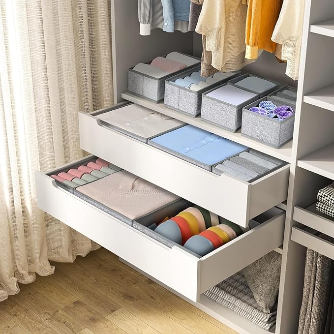 DIMJ Drawer Organizer Clothes 15 Pack - Foldable Baby Organizers and Storage & Dresser Organizer for Bedroom, Closet - Nursery Organization Dresser Dividers for underwear Sock Bra Belt Tie, Gray