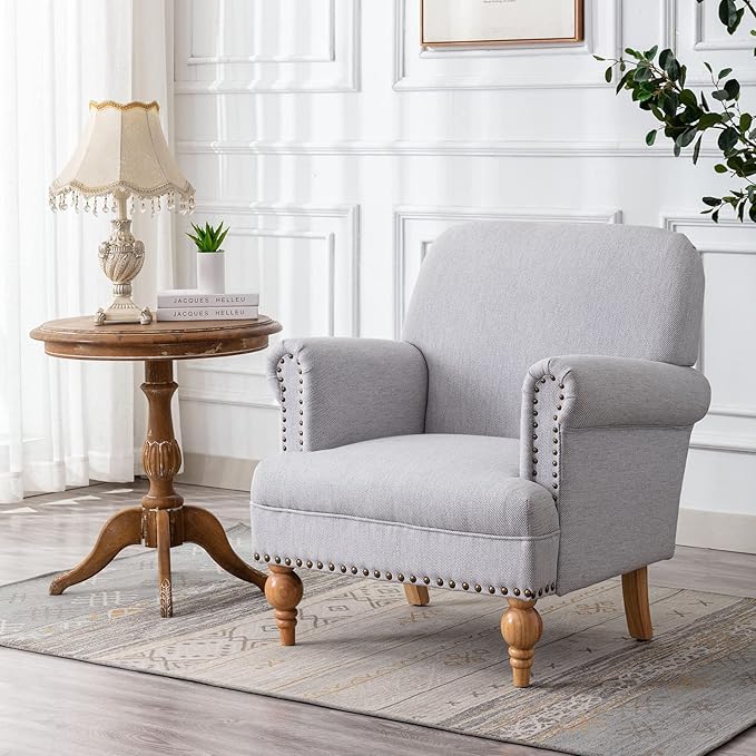 chairus Linen Accent Chair for Living Room Upholstered Mid Century Modern Single Sofa Chair with Solid Wood Legs Comfy Reading Chair Armchair for Bedroom/Office Room/Recption/Lounge, Grey