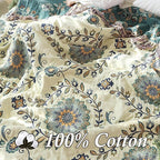 Snycler Boho Throw Blanket for Bed - 100% Cotton Ultra Soft Rustic Quilt - Blue Green Floral Printed Farmhouse Decor Bed Blankets, 60"×80" All Season Rustic Throw for Sofa Couch Chair