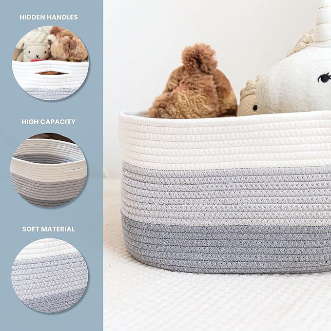 OrganiHaus Set of 3 Woven Storage Baskets for Organizing, Cotton Rope Organizer Bins for Shelves, Closet & Nursery, Dog Toy Basket, Decorative Bins for Toys, Towels & Books - 15x10x9, Grey
