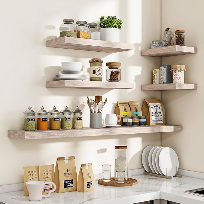 48 Inch Floating Shelves, 3D Textured Wood Grain, 48"x9.25"x1.5" Inch Deep Floating Shelves for Wall, Wooden Shelves for Bathroom, Bedroom, Living Room, Washed White