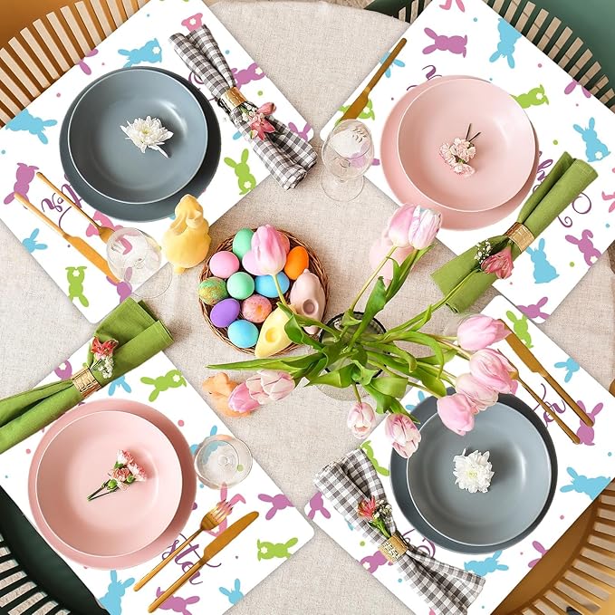 Easter Placemats Set of 6 Easter Rabbit Eggs Plastic Table Mats Easter Bunny Rabbit Place Mats Rustic Vintage Spring Seasonal Table Decoration for Indoor Outdoor Party Kitchen Dining Table