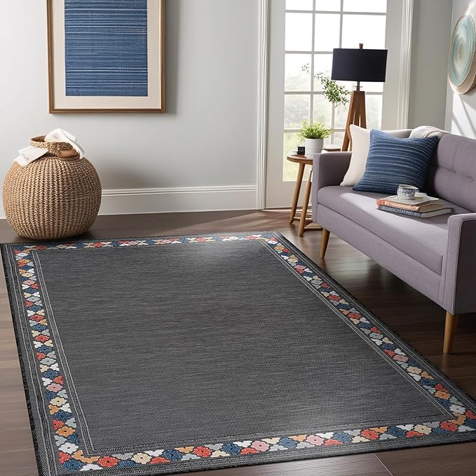 Beverly Rug Outdoor Rug 9x12 Modern Bordered Large Area Rugs for Indoor and Outdoor Patio Easy to Clean Non Shedding Living Room Porch Garden Washable Outside Carpet (9 x 12 Dark Gray)