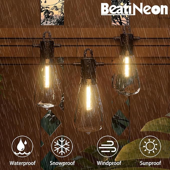 Outdoor String Lights 50 ft, LED Patio Lights with 27 (25+2 Spare ST38 Shatterproof Bulbs), IP 65 Waterproof, Outside Hanging Light for Cafe Bistro Backyard