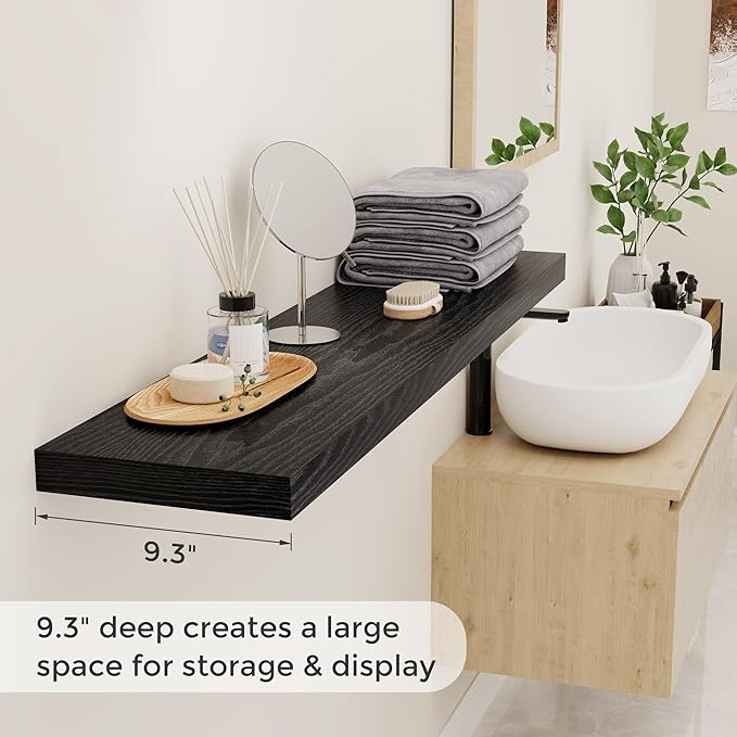 Fun Memories Floating Shelves 48 Inch Set of 2, Black 48 x 9 Wall Shelves for Home Decor Storage, Rustic Wood Floating Shelf for Wall, 9 Inch Deep Shelving for Bathroom, Living Room, Kitchen