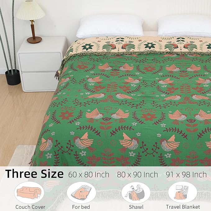 Boho Throw Blanket for Bed, 100% Pure Cotton Ultra Soft Rustic Quilt, Farmhouse Decor Bed Blankets, All Season Rustic Throw for Sofa Couch Chair(60"×80", Bird B)
