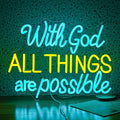 With God All Things Are Possible Neon Sign 16.5 * 12.6 Inch Led God Light Up Sign Dimmable USB Neon Light for Room Wedding Party Church Wall Decor (Ice Blue Yellow)