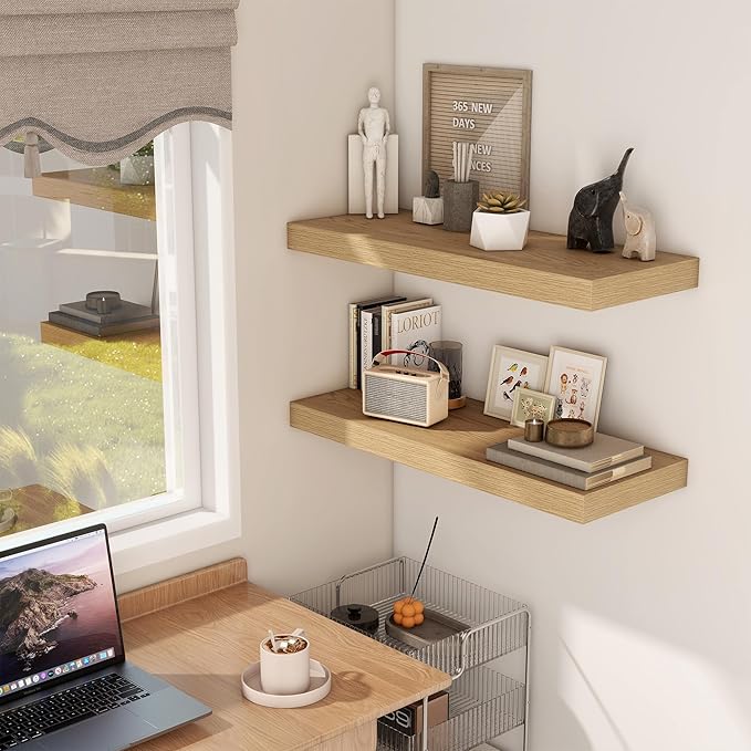 Floating Shelves 30 Inch Long, 12 Inch Deep Floating Shelf for Books, Rustic Wood 30 x 12 Storage Shelves for Wall Storage & Display, Thicked Wall Shelf for Kitchen, Living Room, Oak Color, 1 Pack