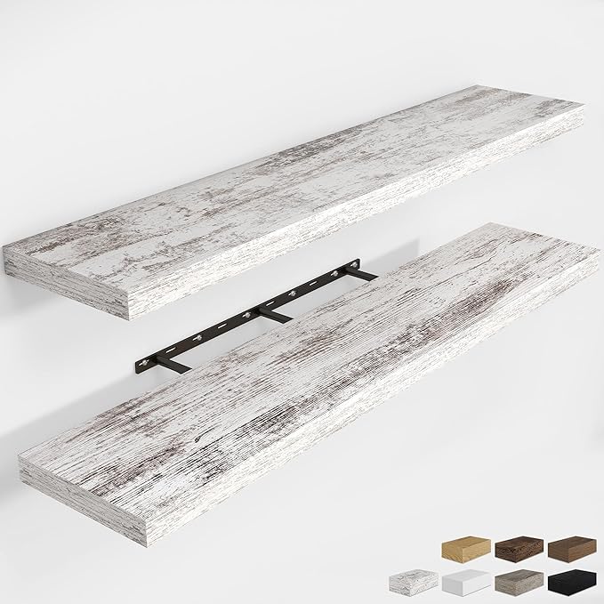 RICHFOCUS 55Inch Floating Shelves for Wall 2 Pack Shelves for Bedroom|Kitchen|Bathroom Wall Mounted Rustic Distressed Wood Floating Shelf with Invisible Brackets for Books|Storage|Decor, Rustic