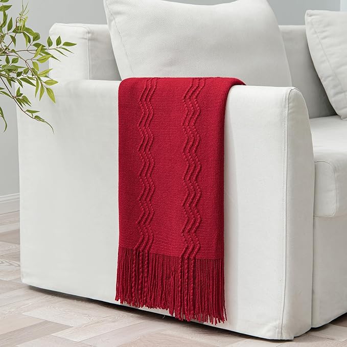 MIULEE Burgundy Red Knitted Throw Blanket for Couch Boho Textured Cozy Woven Blanket with Tassels for Sofa Chair Bed Living Room Acrylic Wave Pattern 60"x80"