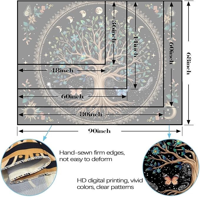 Lunerfex Tree of Life Tapastry Sun and Moon Tapastry Flower Boho Tree Mandala Wall Hanging for Bedroom and Living Room Decor Green Tree 36×48 Inches