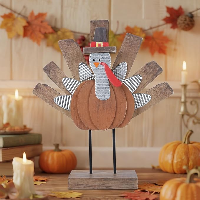 Zcaukya Thanksgiving Turkey Decoration, Wooden Indoor Standing Tabletop Turkey Decor for Home Office Bedroom Kitchen Thanksgiving Harvest Day Decorations
