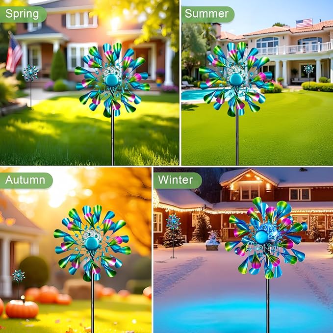 60'' Wind Spinner with Color Glass Ball Solar Lights, Green Peacock Feathers Metal Garden Outdoor Decor Yard Lawn Art Decor for Patio Kinetic Windmills Unique Gifts for Friends and Family