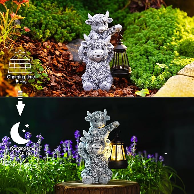 Goodeco 9.5 Inch Highland Cow with Solar Lantern – Resin Garden Decor, Outdoor Statue & Unique Highland Cow Gifts (Gray)