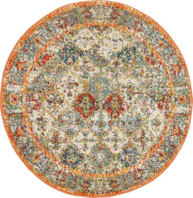 Unique Loom Rosso Collection Vintage, Traditional, Bohemian, Geometric, Distressed, Southwestern Area Rug (3' 3 x 3' 3 Round, Multi/Orange)