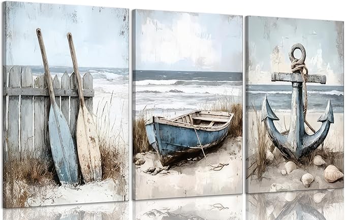 3Pcs Coastal Beach Canvas Wall Art Sailboat Paddle And Anchor Paintings Pictures Wall Decor Nautical Posters Prints Artwork Suitable for Living Room Bedroom Home Office Corridor Home Decroation