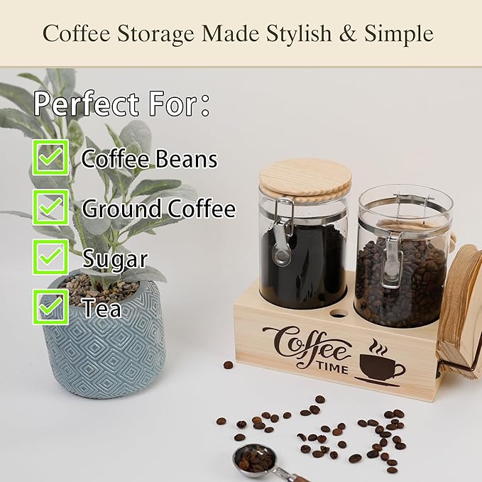 Glass Coffee Canister Set with Shelf & Spoon 2 Piece Coffee Containers for Coffee Bean Storage Airtight Seal, Coffee Bar Accessories Filter Holder for Kitchen Organization